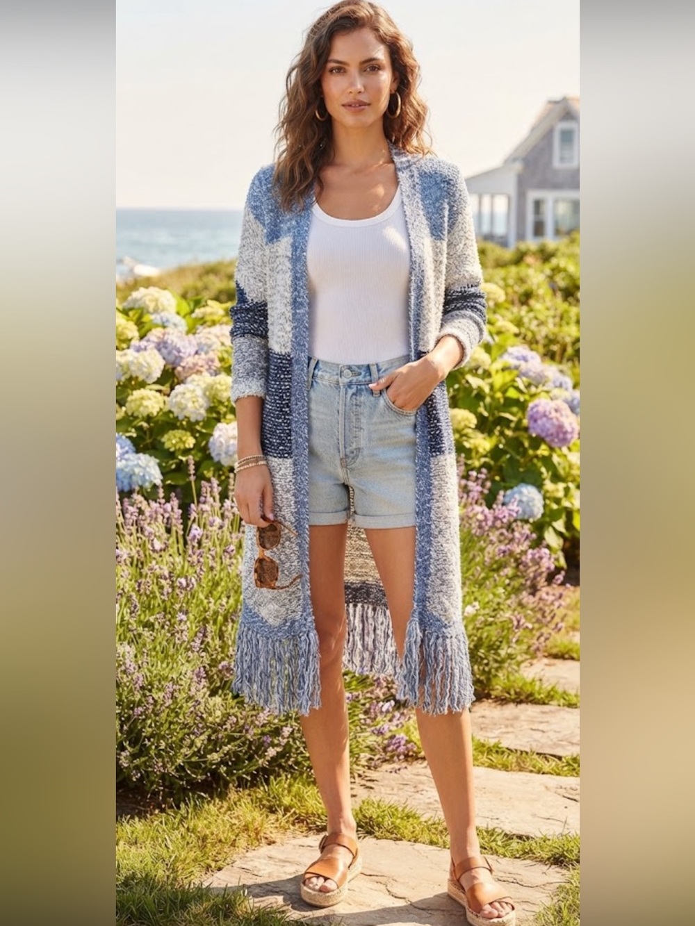 NWOT Lucky Brand Blue White Striped Fringe Duster Cardigan Size M